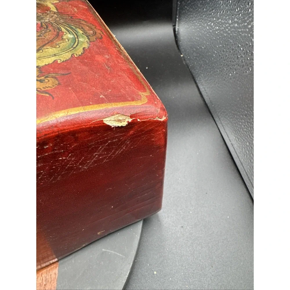 Vtg Mid Century Asian Red Lacquer Large Jewelry Box Mirror Dragon Chest RARE
